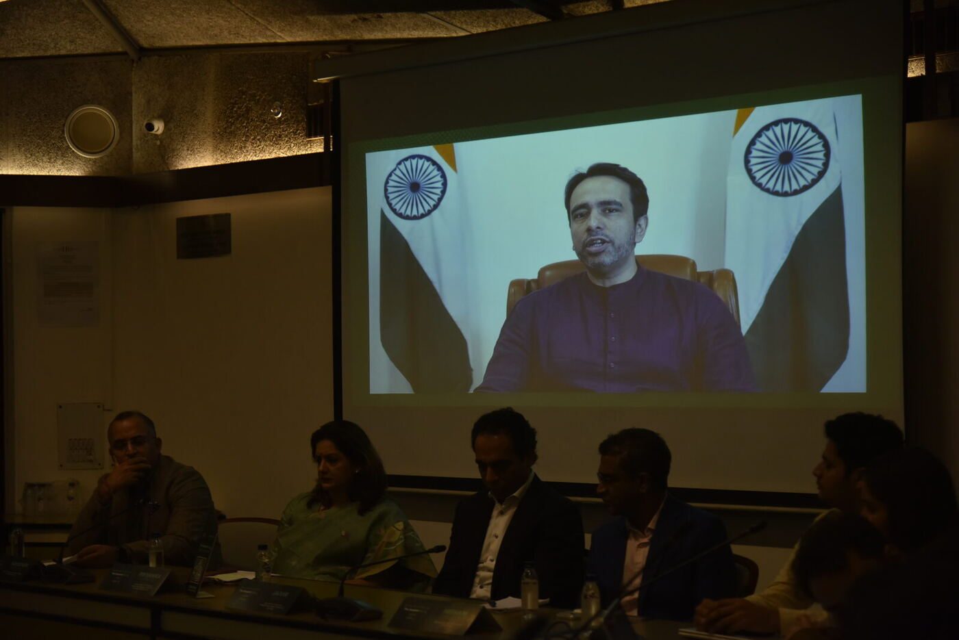 Union Minister Jayant Chaudhary's recorded video address on screen, panel beneath