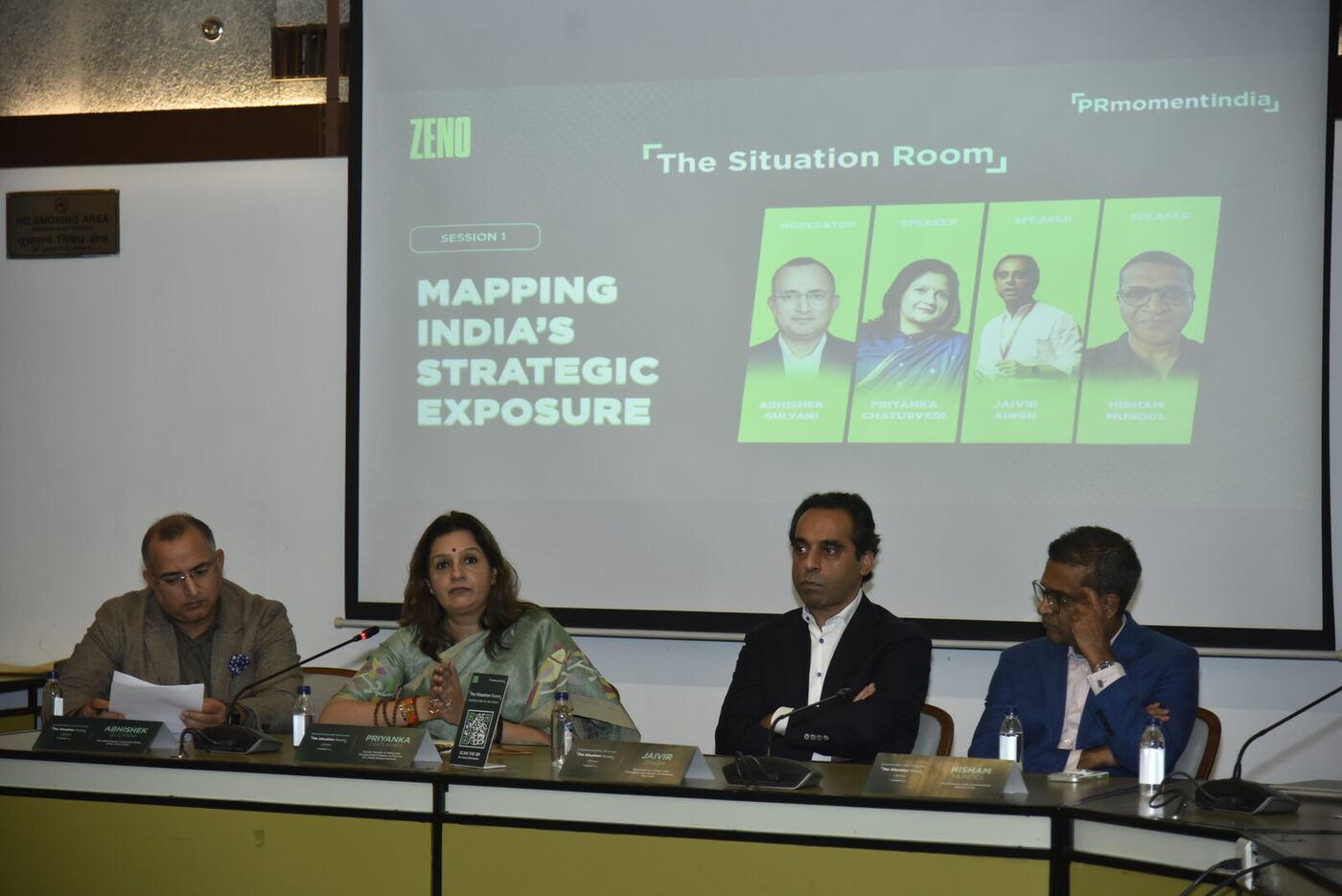 Full Session 1 panel of four, clean exposure, 'Mapping India's Strategic Exposure' slide legible