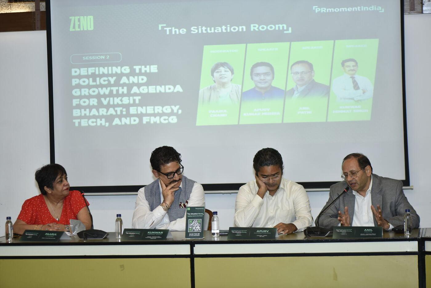 Clean wide of the full Session 2 panel with the Viksit Bharat title slide and headshots